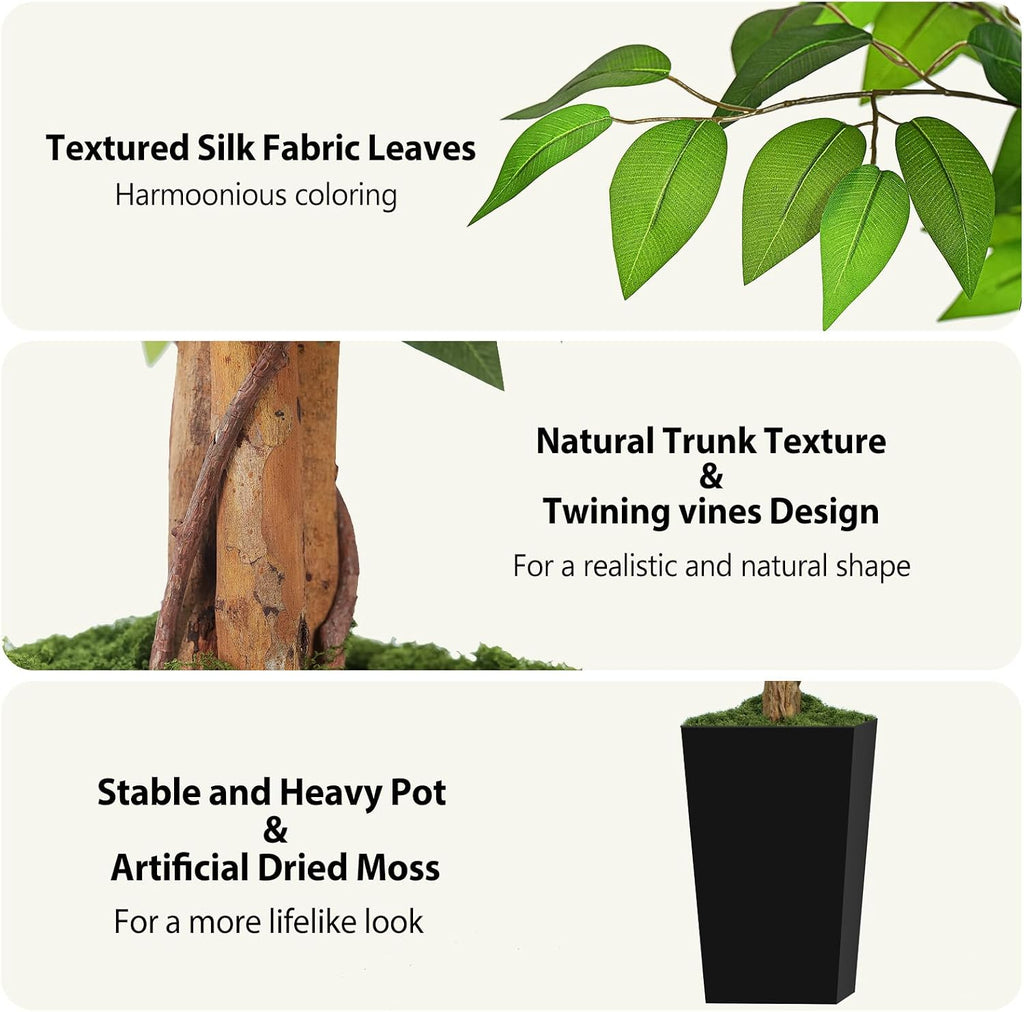 6ft Ficus Artificial Tree with 3 Natural Curved Trunks, 74" Tall Lush Faux Tree Decor Indoor, Green Lifelike Fake