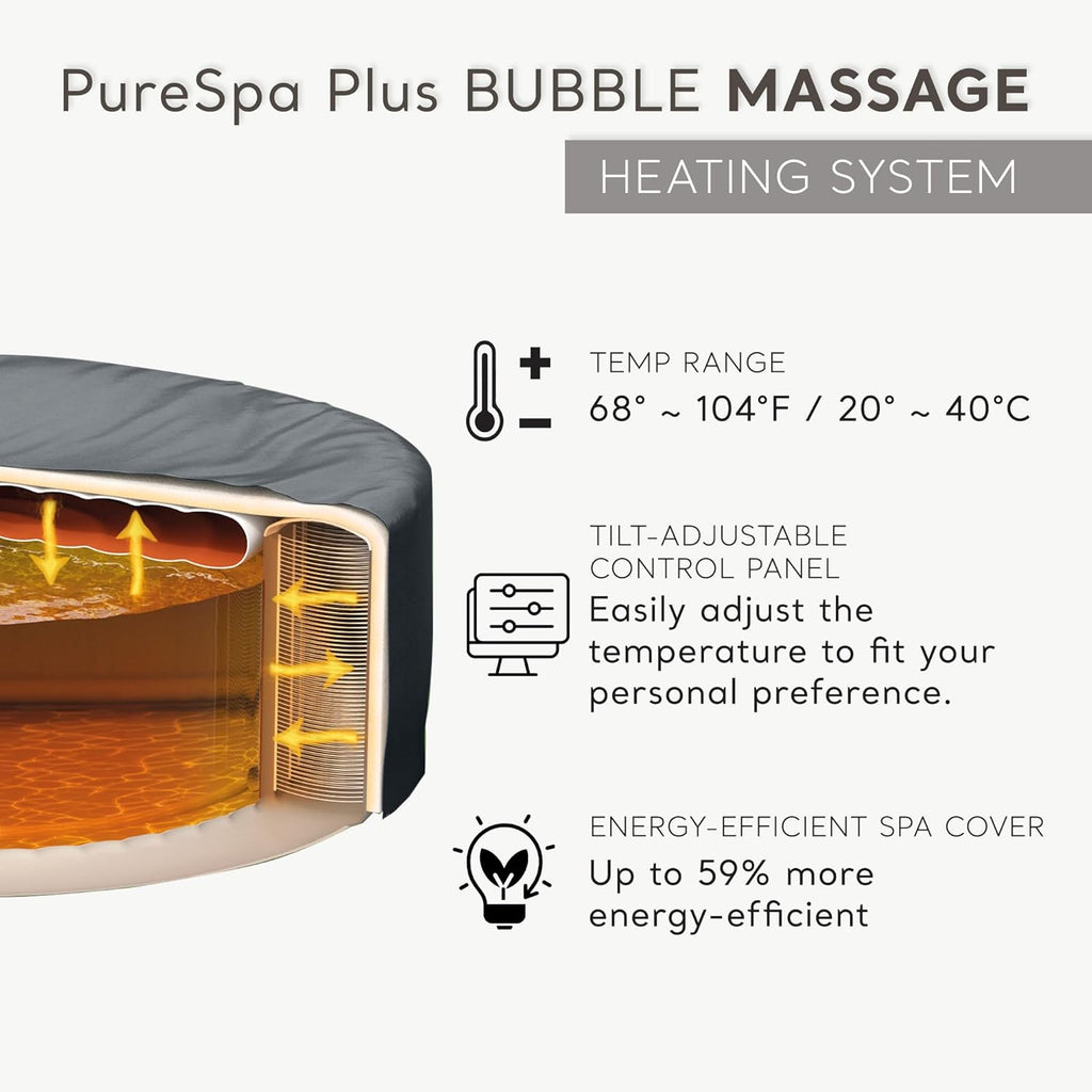 PureSpa 4 Person Inflatable Hot Tub Bundle w/Energy-Efficient Cover | 28429EP Bubble Massage: Built-in Hard Water