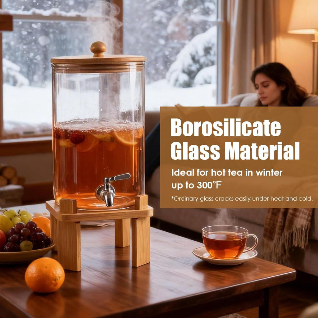 2.3 Gallon Large Glass Drink Dispenser for Parties, with Wood Stand, Juice & Lemonade Dispenser, Iced Beverage
