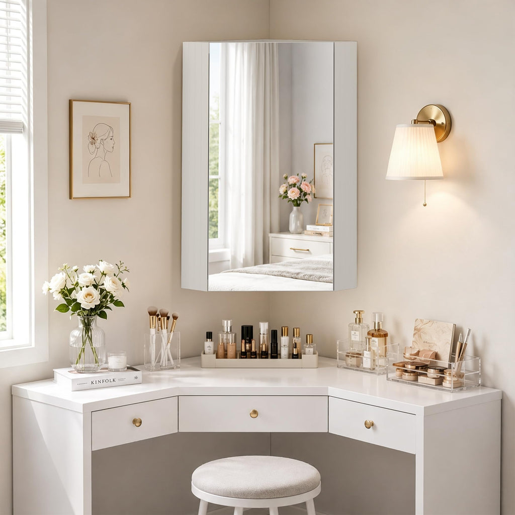Corner Bathroom Mirror Cabinet, White