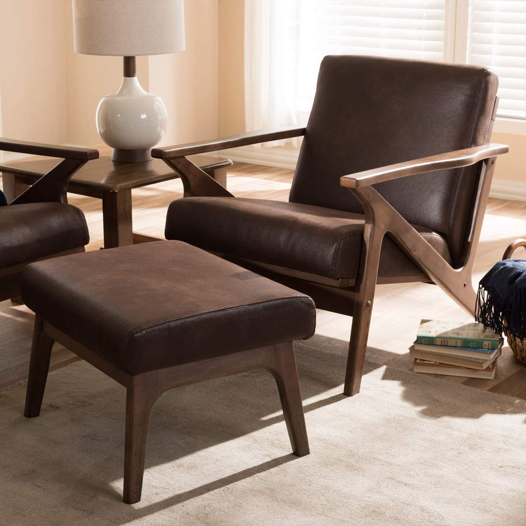 Inspired Eames Style Bianca Mid-Century Modern Walnut Wood Dark Brown Distressed Faux Leather Lounge Chair and Ottoman