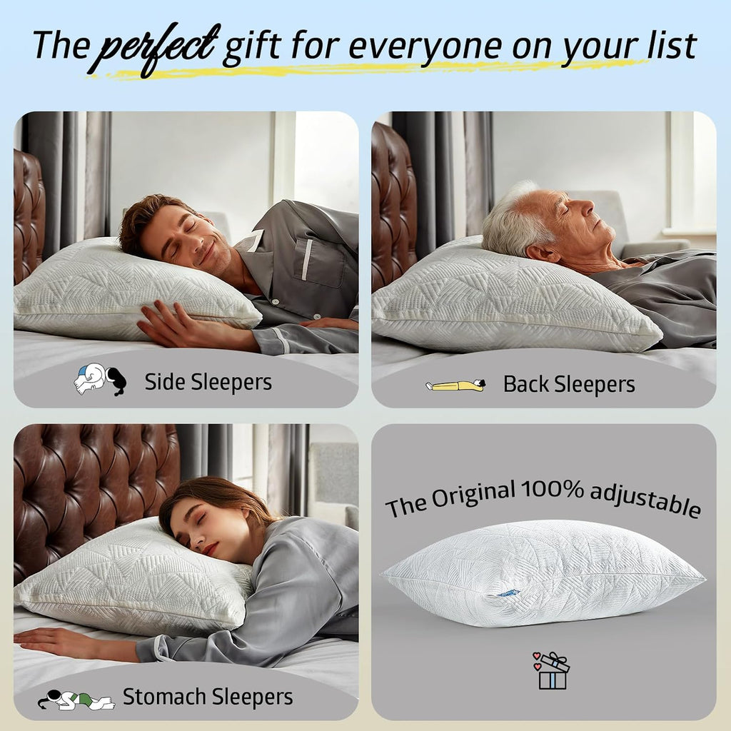 Cooling Pillows Queen Size Set of 2, Shredded Memory Foam Pillows Cool for Hot Sleepers, Adjustable Firm Soft Support