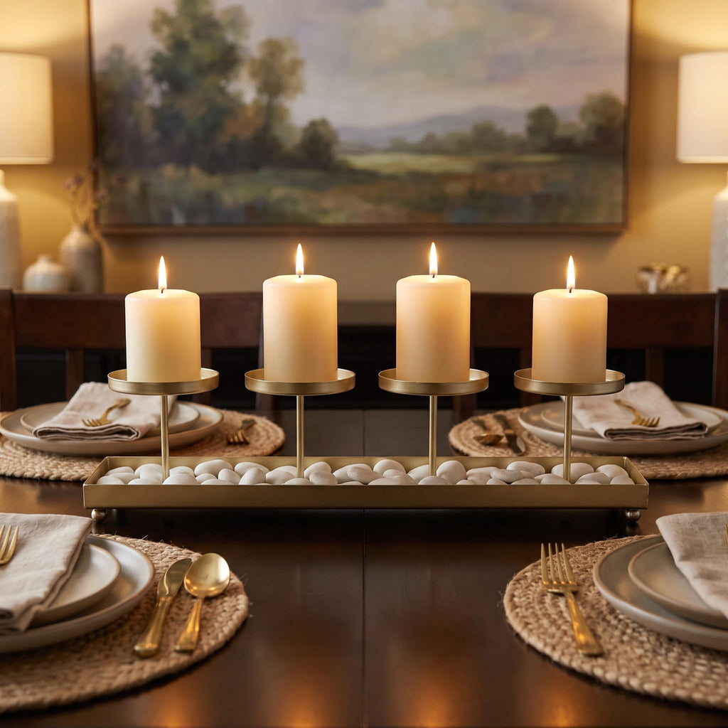 Gold Iron 4-Pillar Candelabra - Elegant Tabletop Candle Holder Centerpiece for Weddings, Dining, Parties & Home Decor