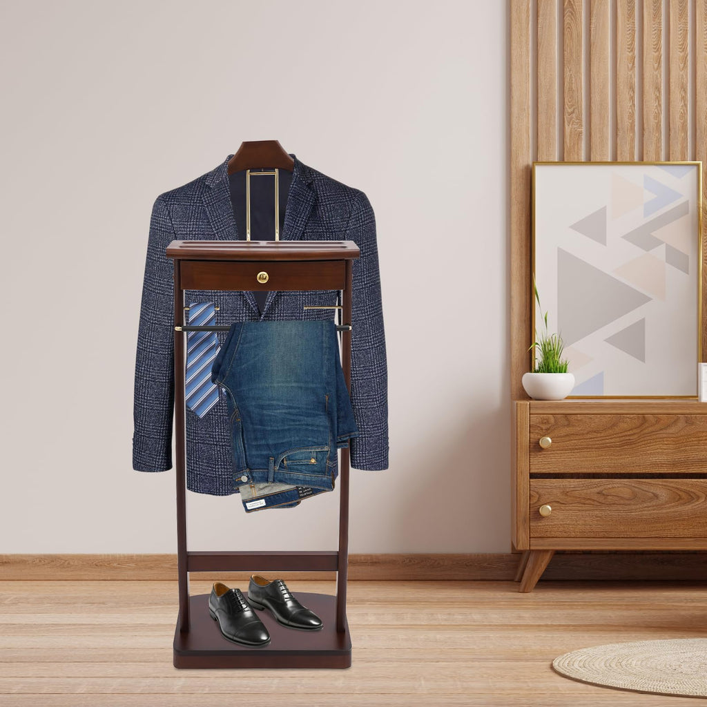 Suit Valet Stand Wood Valet Stand for Man, Wooden Clothing Valet Stand with Contour Hanger, Drawer, Trouser Bar, Tie
