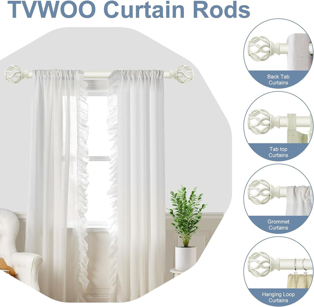 White Decorative Farmhouse Curtain Rod:18-45"Adjustable Heavy Duty Single Window Curtain Rod for Bedroom Living Room
