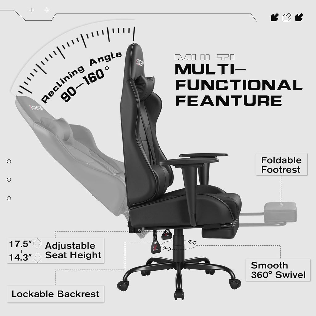 Gaming Chairs, Computer Chair with Footrest and Massage Lumbar Support, Height Adjustable Game Chair with Headrest