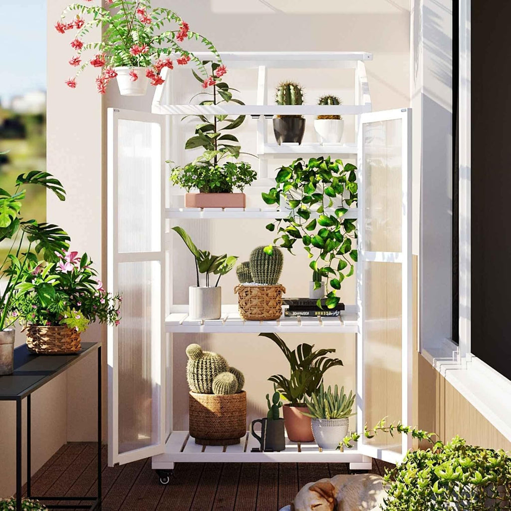 62 inches Tall Wooden Cold Frame Greenhouse Balcony, Portable Garden Flower Planter with Wheels and Adjustable