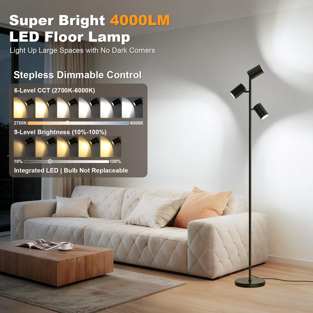 LED Tree Floor Lamp, 36W Super Bright Reading Lamp with Remote, Dimmable Tall Standing Light with 3 Rotatable