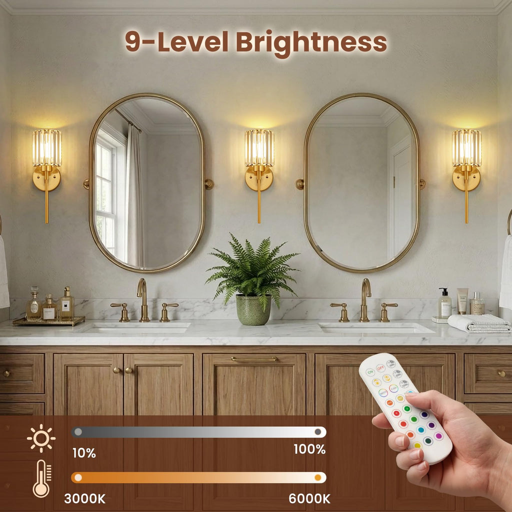 Crystal Battery Operated Wall Sconces, Brushed Gold Rechargeable Wireless Wall Sconce Lights with Dimmable