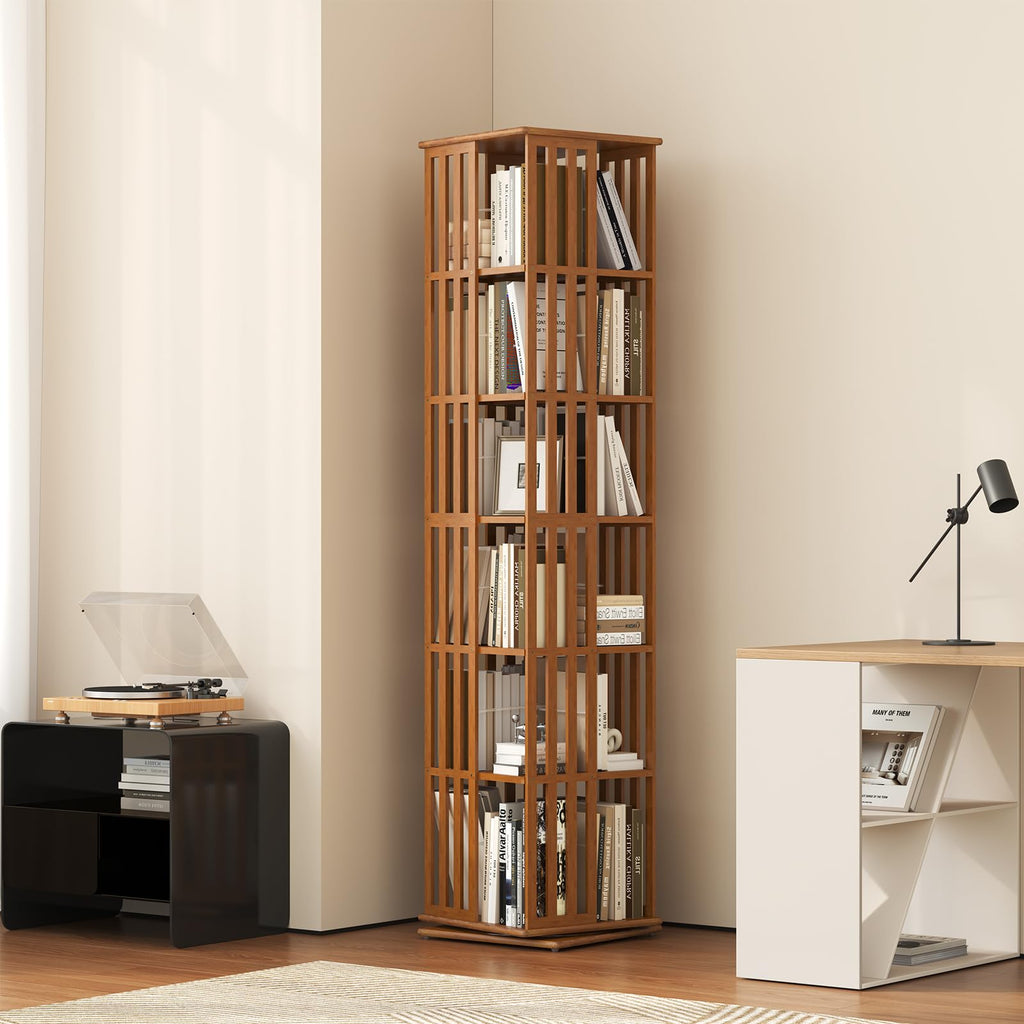 Rotating Bookshelf Tower, 360° Display Spinning Bookcase, Bamboo Bookshelf Floor Standing Storage Rack, Wood Narrow