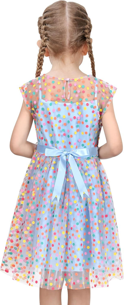 Sleeveless Belted Rainbow Polka Dots Party Tulle Cami Dress
