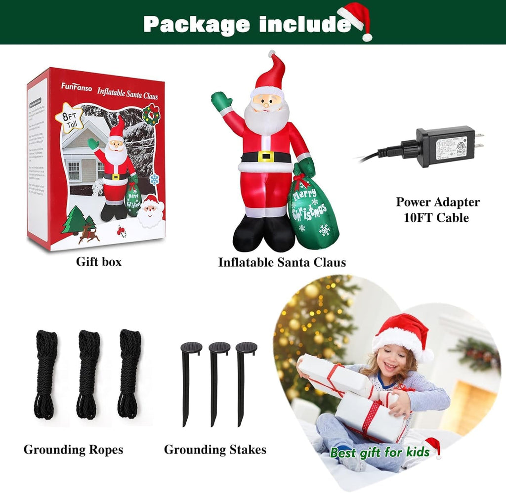 8 FT Christmas Inflatable Santa Claus Outdoor Decoration for Yard, Blow up Santa Decor with Big Gift Bag, Built-in