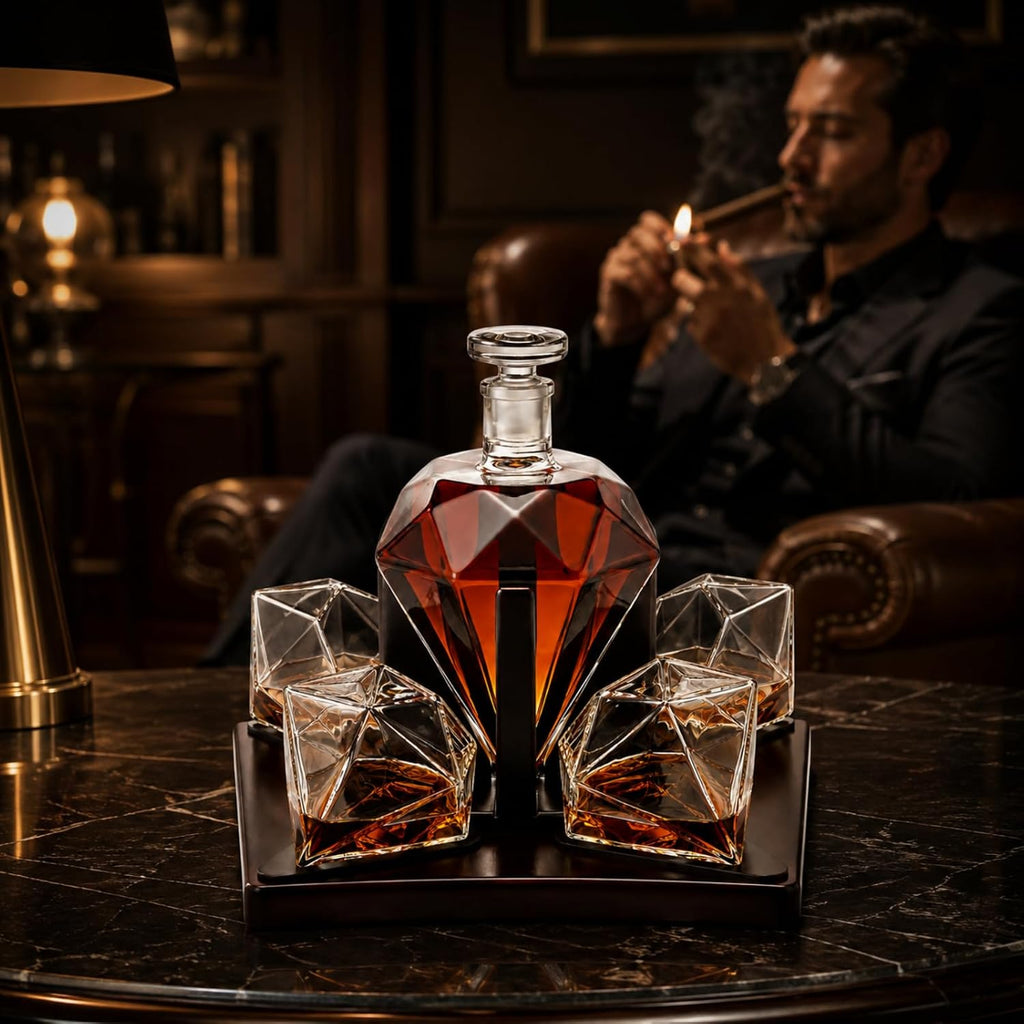 Ry Diamond Whiskey Decanter Set with 4 Matching Glasses & Mahogany Wood Base - 750ml Hand-Blown Borosilicate Glass - Set of 5