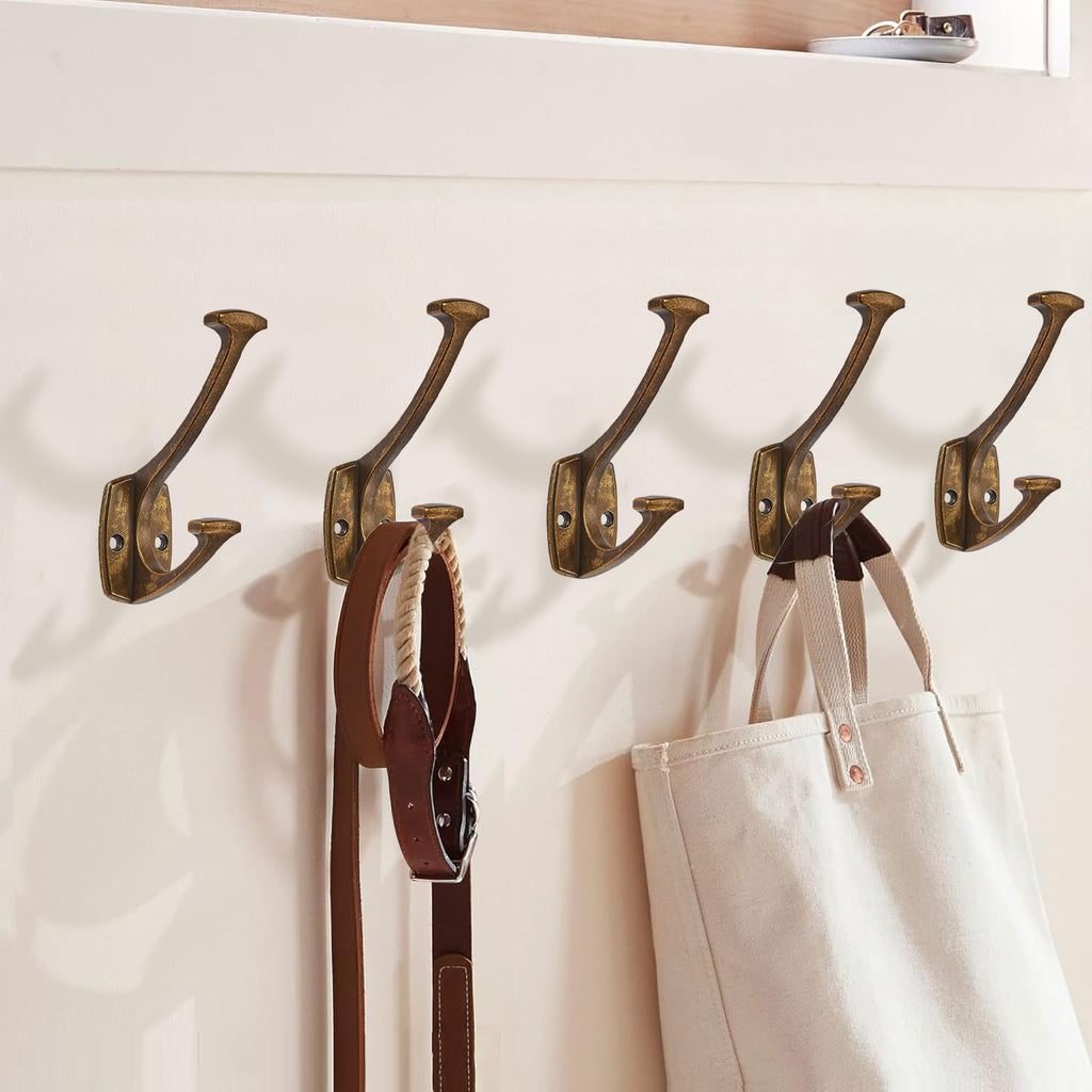 5 Pack Antique Brass Hooks Decorative Heavy Duty Solid Large Coat Hooks for Towel Hanging Coats Robe Wall Mounted