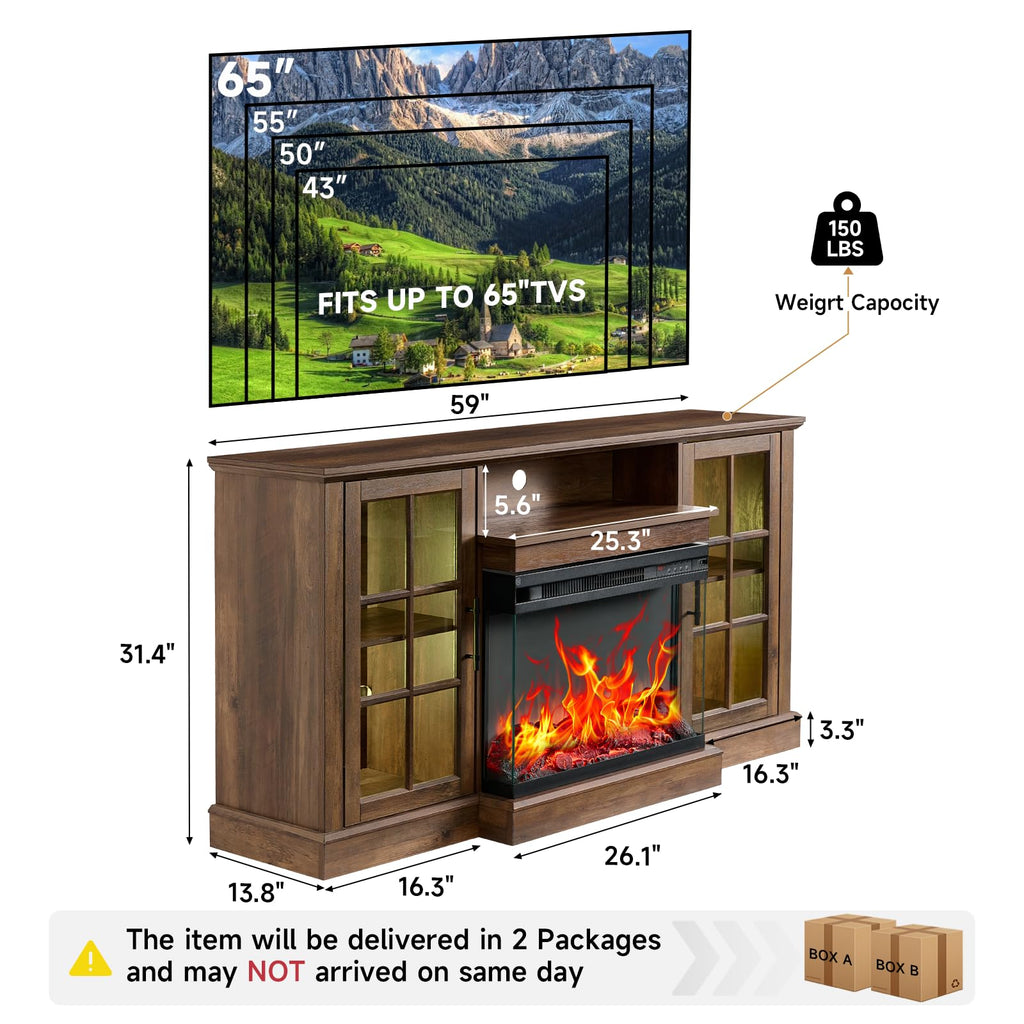 3 Sided Glass 59" Fireplace for TVs up to 65 Inch, Media Entertainment Center with Glass Door Storage Cabinet, 24"