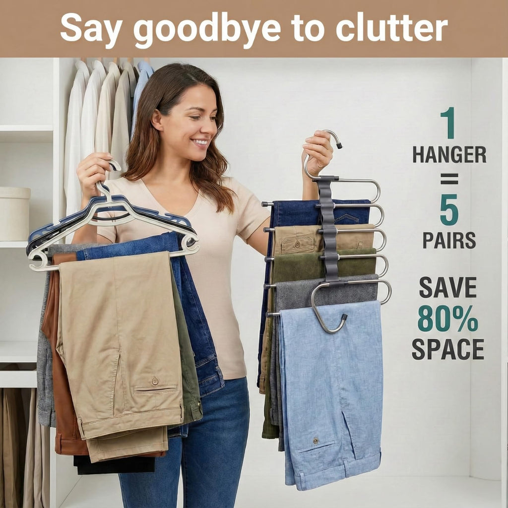 Pants Hangers Space Saving, 5 Tier Jeans Hanger for Closet, Black Multiple Heavy Duty Stainless Steel Pant Rack for