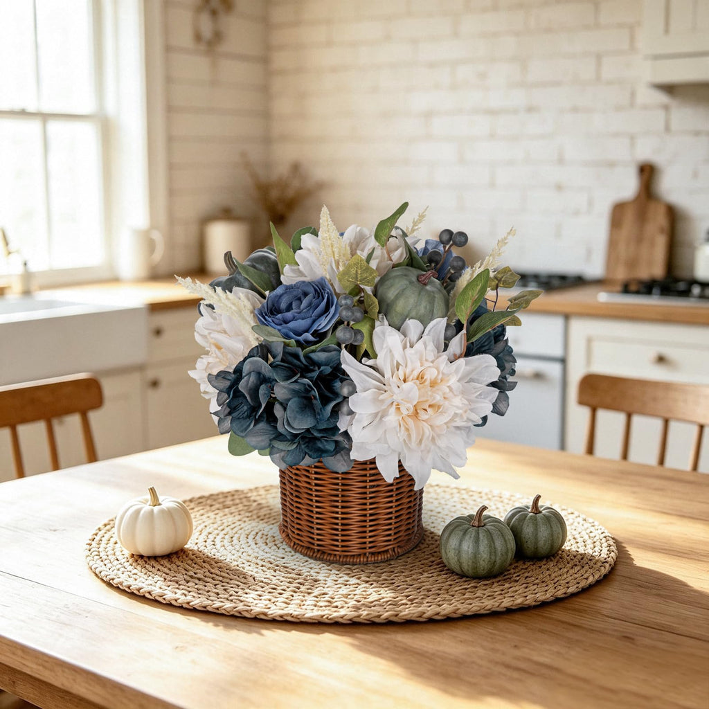 13.8" Fall Flowers Arrangement in Baskets Pot Outdoor Indoor Fake Pumpkin Hydrangea Peonies Artificial Flower in