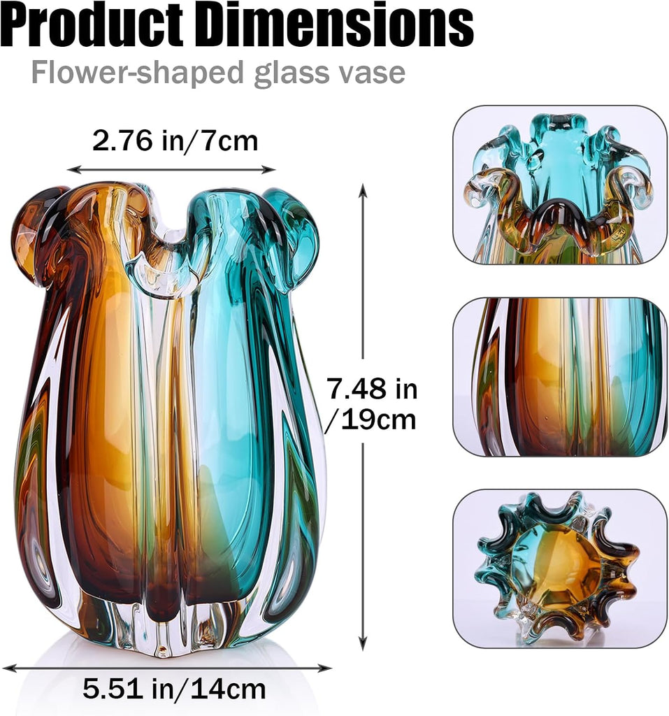 Hand Blown Glass Vase, Murano-Style Colorful Art Glass Centerpiece, Heavy Large Wide Mouth Ruffle Rim, Teal Turquoise