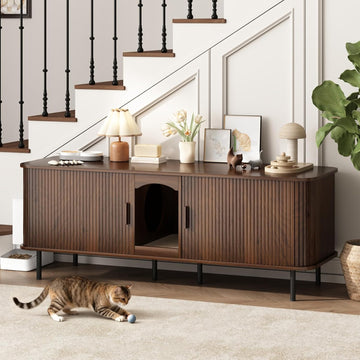 Double Cat Litter Box Enclosure Furniture, 59" Fluted Cabinet, Walnut