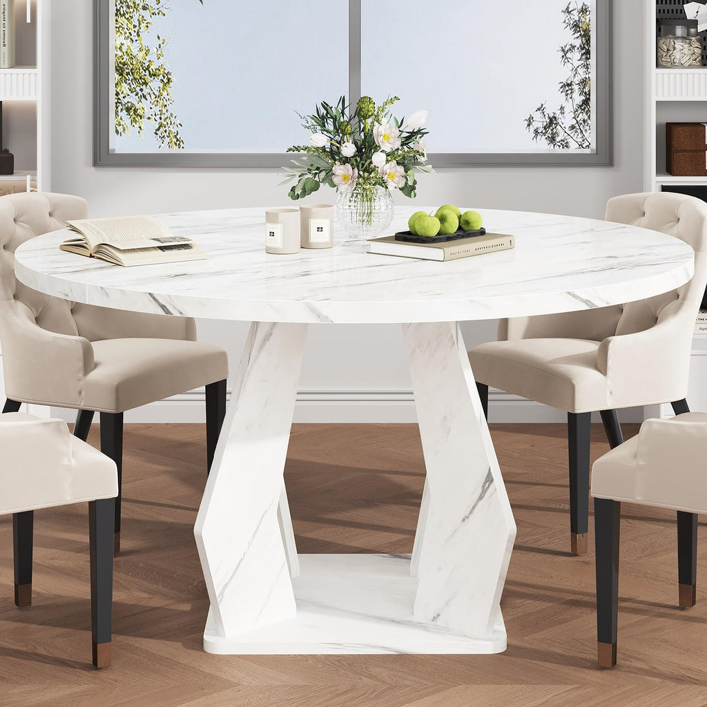 White Marble Round Dining Table, Modern Wood Dinner Tables, 47 Inch