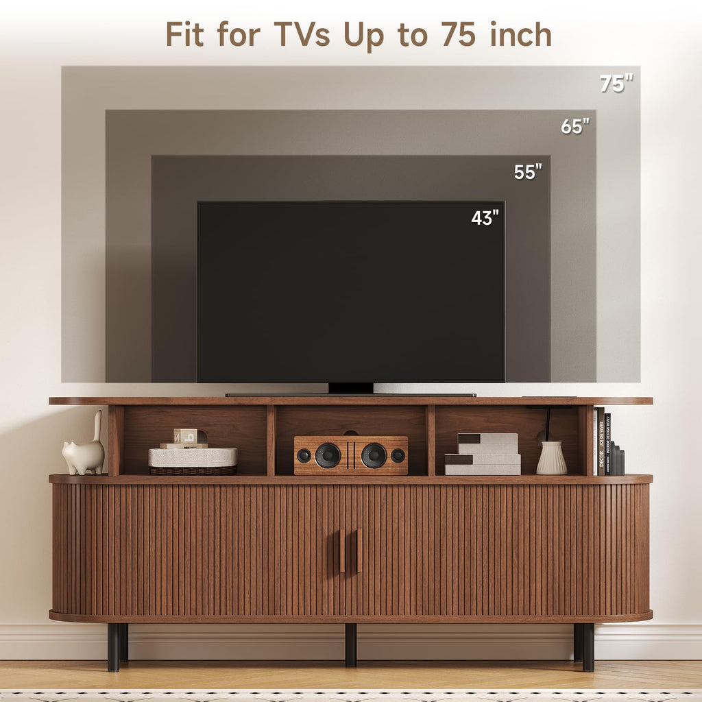 69" Large Round Record Player Stand with Charging Station, Walnut