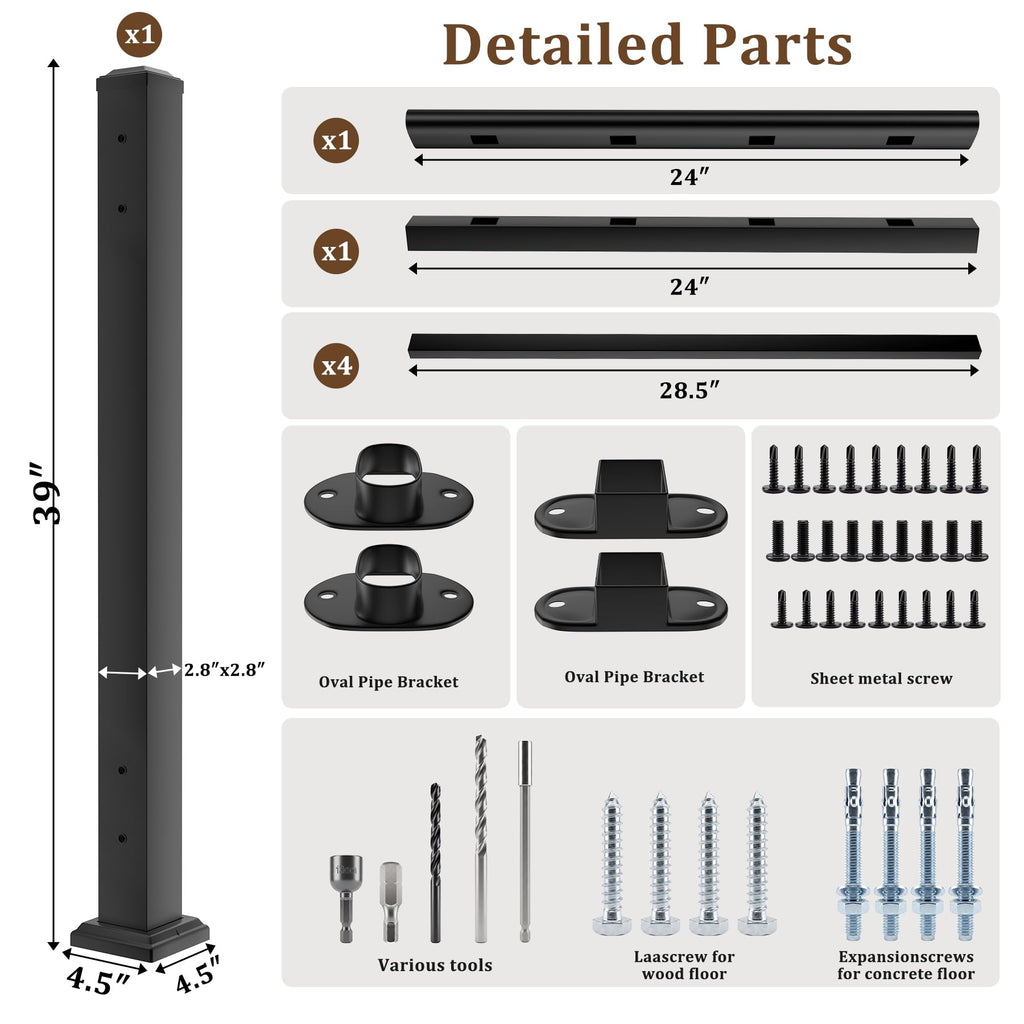 36in H X 2 Ft Deck Railing Kit, Black Porch Railing with Post, 1 Post+1 Panel All-in-One Installation, AAMA 2604 Coat