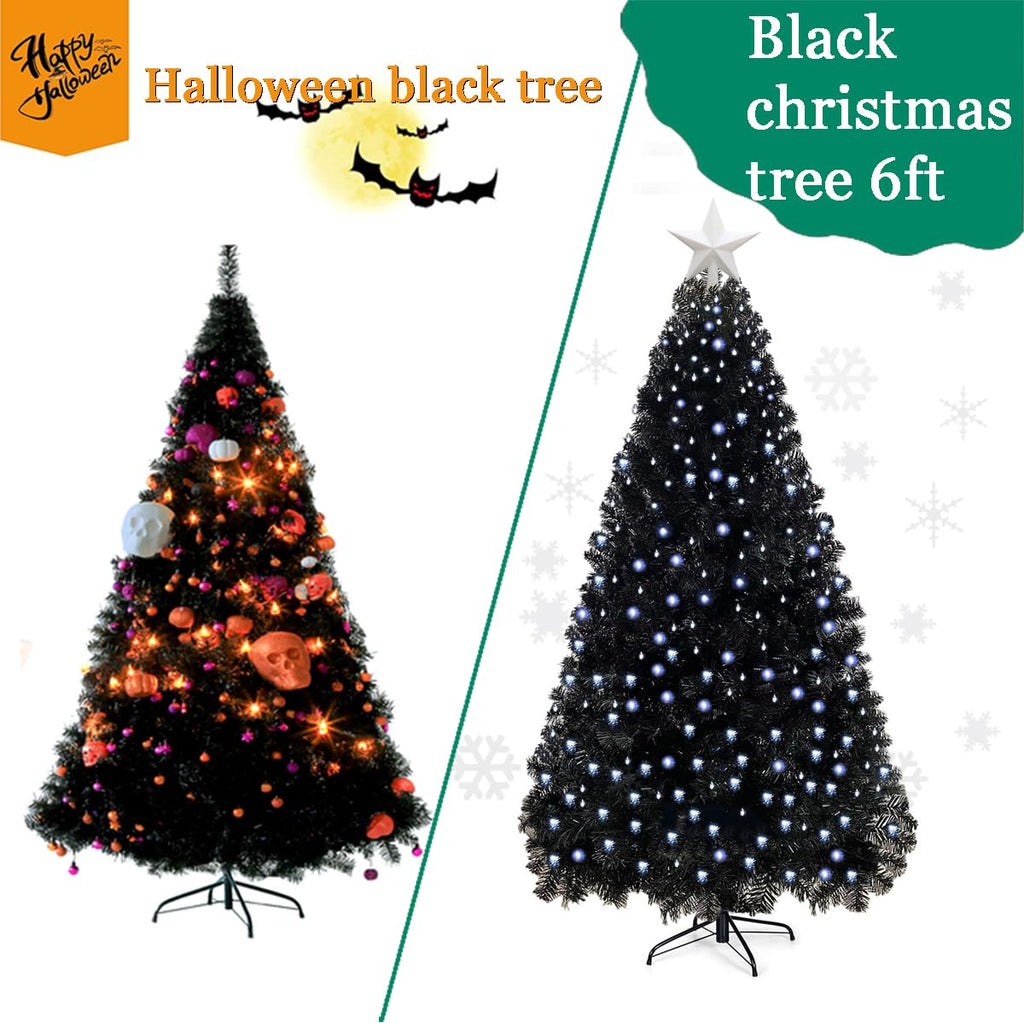 6ft Artificial Black Christmas Tree Outdoor Black Halloween Tree Decorations with 1005 Tips Led String Lights Pencil