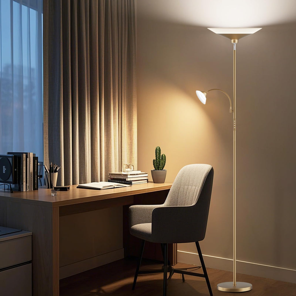 Gold Torchiere Floor Lamp - 2 Way LED Standing Lamp with Reading Light, Dimmable 72'' Tall Lamp with Remote Color