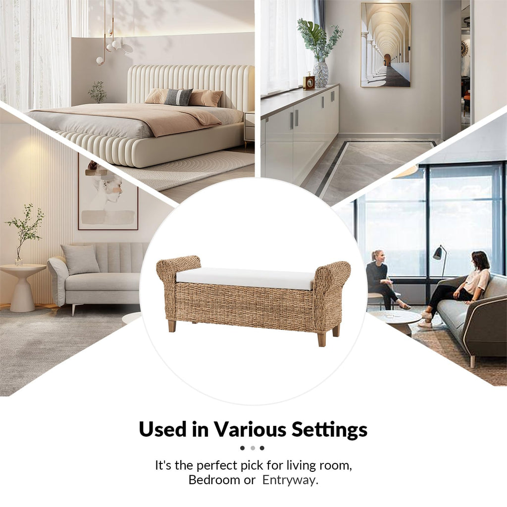 56" Rattan Storage Bedroom Bench with Rolled Armrests, Natural