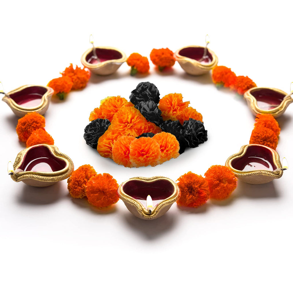 20 Pcs Artificial Marigold Flowers Halloween, Black, Orange