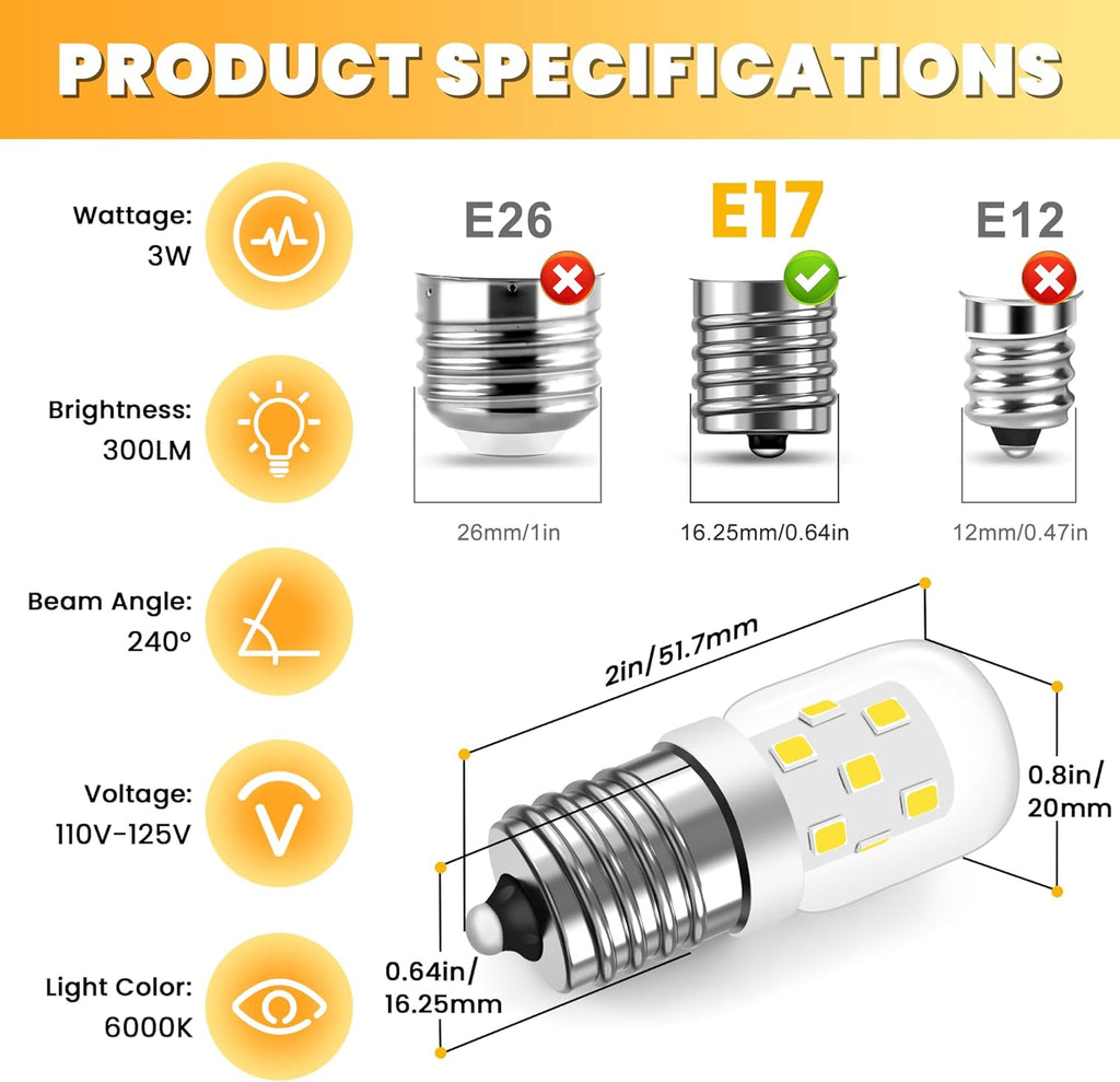 Microwave Light Bulb E17 LED 8206232A, 3W 125V, 6000K, 2-Pack