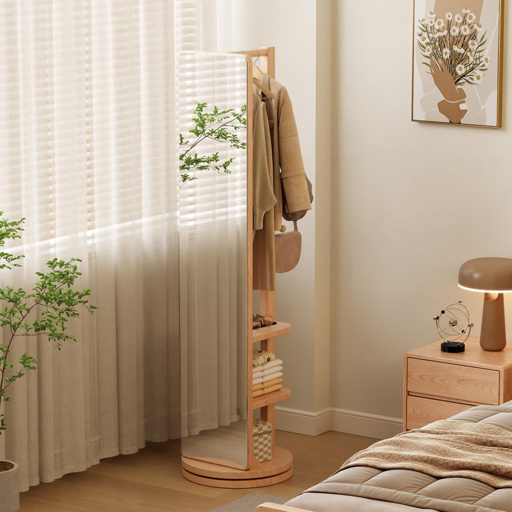 Full Length Mirror Coat Rack Solid Wood Floor Mirror 66"x12" Full Length Mirror with Stand Long Mirrors (Natural, 66"