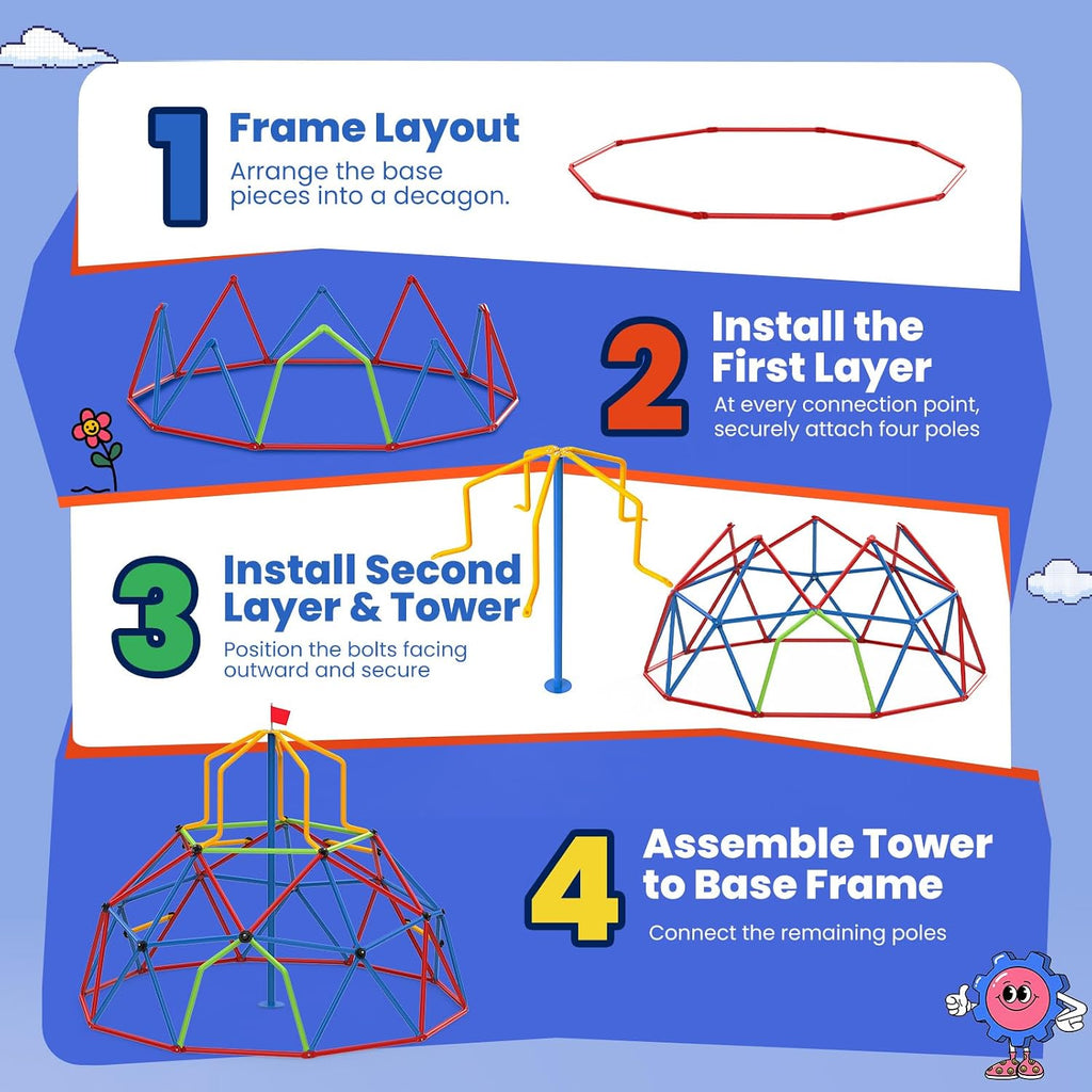 10FT Climbing Dome with Tower, Outdoor 10FT Geometric Dome Climber Tower for Kids 3-10 Supporting 1200 lbs, Easy