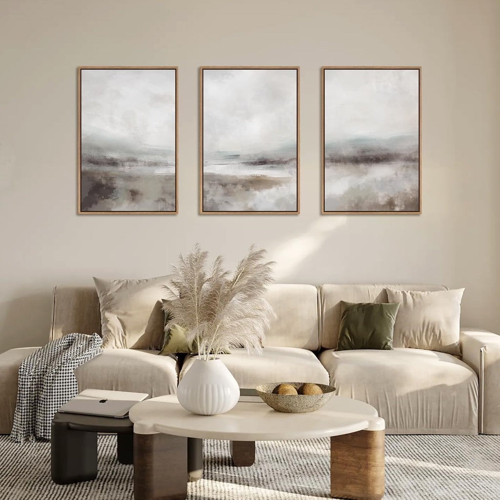 Large Abstract Neutral 3 Piece Wall Art Framed, Gray Lake Landscape Canvas Decor , Watercolor Smoky Mountain