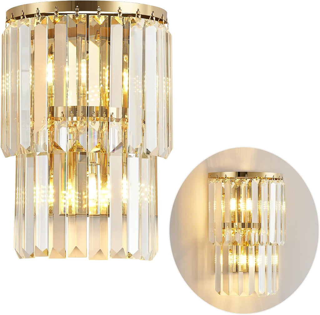 2-Lights Modern Crystal Wall Light, 2-Tiers Crystal Bedside Wall Mount Lighting Fixture, Mirror Gold Stainless Steel