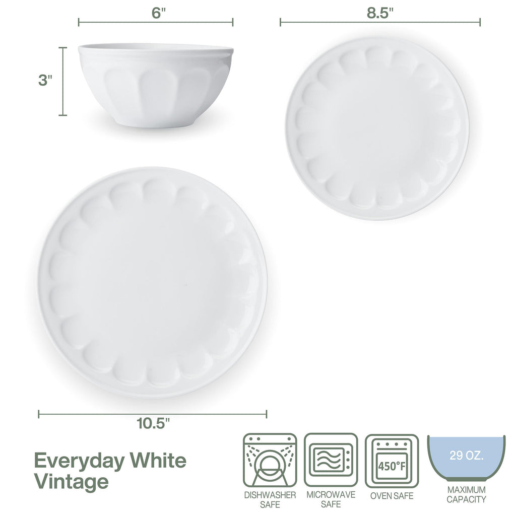 And Floyd Everyday Vintage Scalloped Porcelain 12 Piece Dinnerware Plate Bowl Set, Service for 4