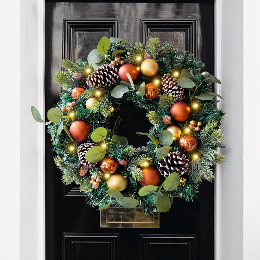 Pre-Lit 20 Inch Copper Gold Christmas Wreath for Front Door