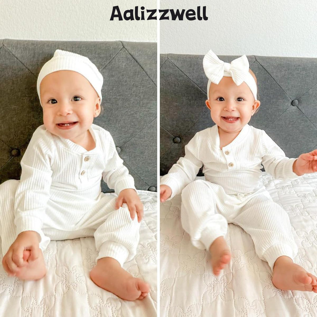 Gender Neutral Long Sleeve Baby Ribbed Outfit with Hat & Headband