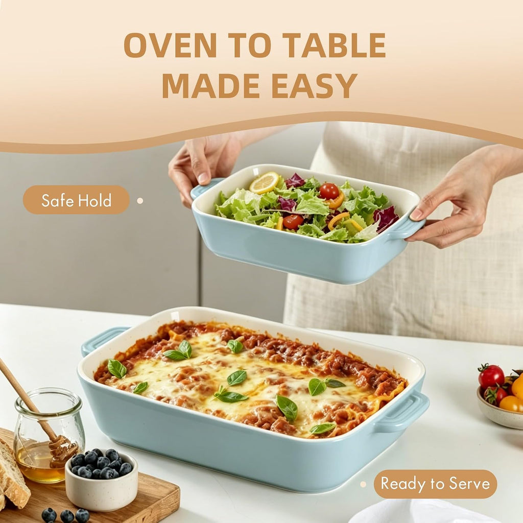 Ceramic Dish Set, 3+1QT Casserole Dish, Lasagna Pan 2Pack | Premium Durable Lead-free Glaze, Elegant Teal Easy clean