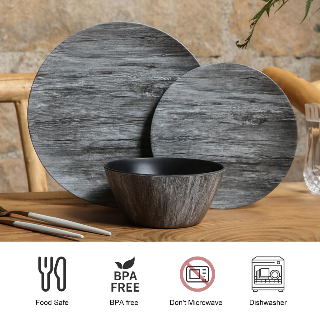Melamine Dinnerware Set - Rustic 12 Piece Plates and Bowls, Heavy Duty Dishes for Indoor Outdoor Use