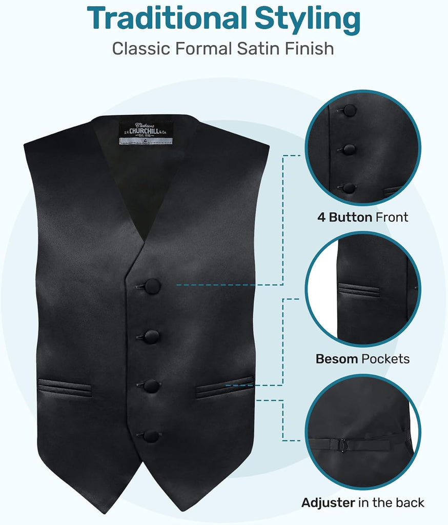 Boys 4 Piece Vest Set with Pre-Tied Bow Tie, Necktie & Pocket Square