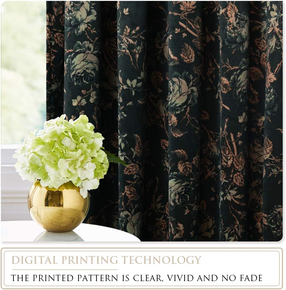 Black Velvet Curtains 84 inches Long - Printed Floral Design Home Decoration Back Tab Vintage Thermal Insulated Room