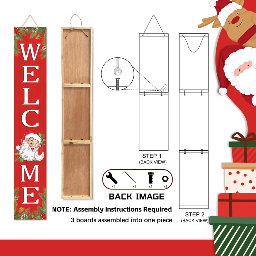 Christmas Wooden Porch Sign 47" Santa Claus Large Welcome Porch Sign Front Door Yard Party Decor(Red)