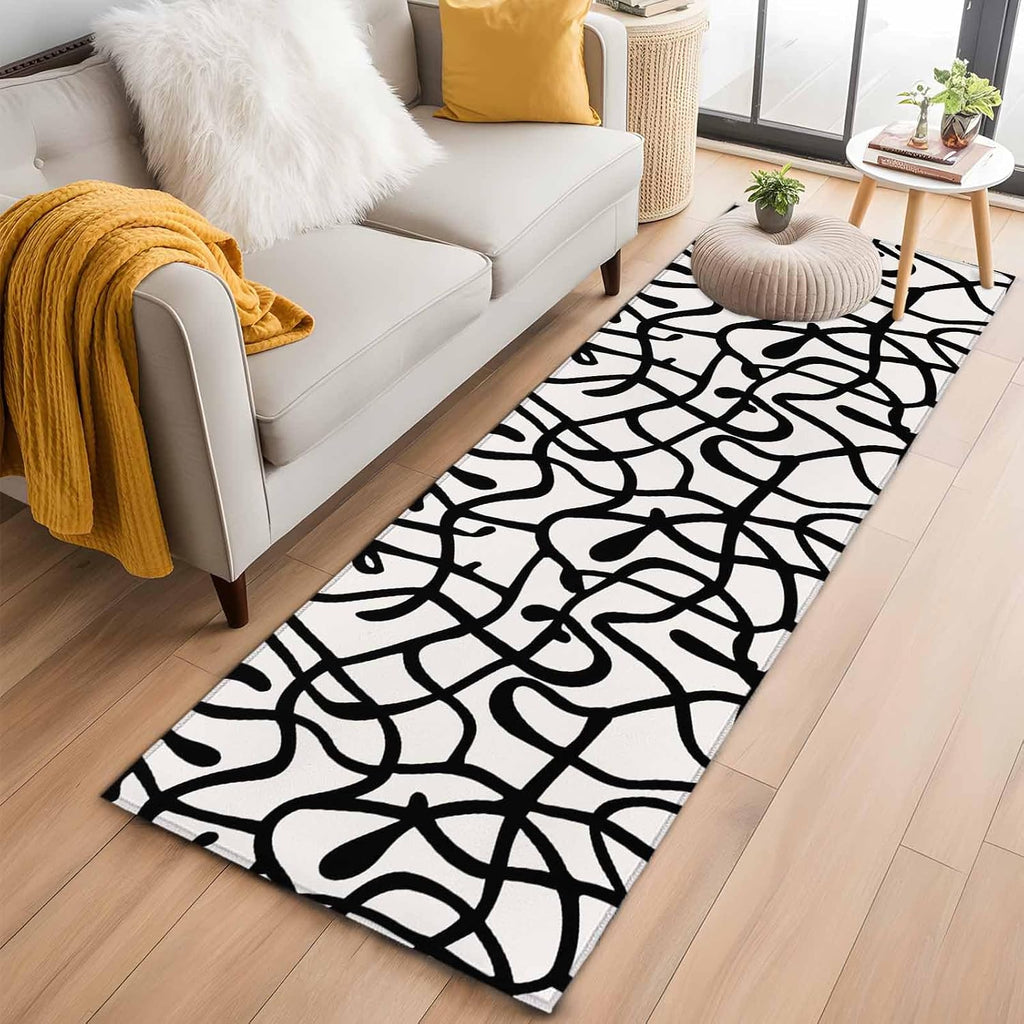 Abstract Line Runner Rug Non Slip 2x6 Retro Black Wave Line Art White Minimalist Washable Rug Runner s Low Pile