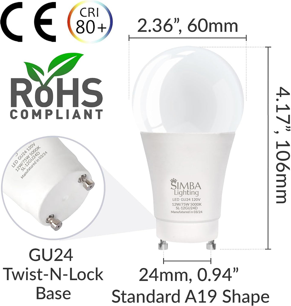 LED GU24 A19 12W 120V Bulb Twist and Lock Base 5000K, 4 Pack