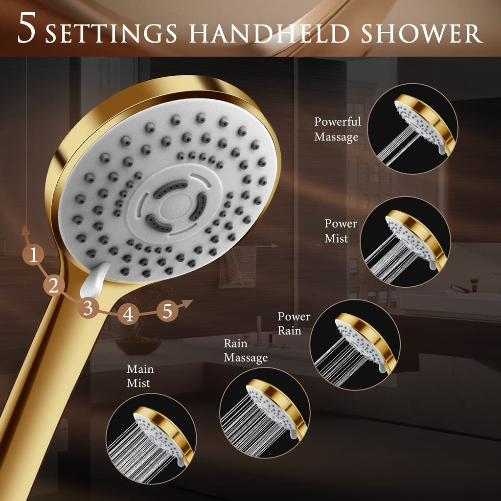 10" Gold Shower Head with Handheld, 5 Spray Handheld with 11" Extension Arm