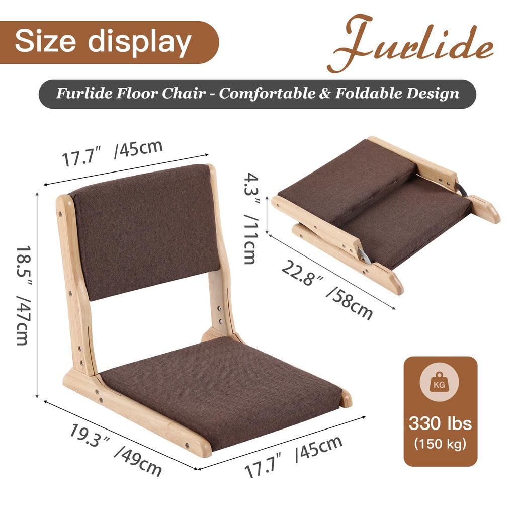 Foldable Floor Chair with Back Support, Wood Brown, No Assembly