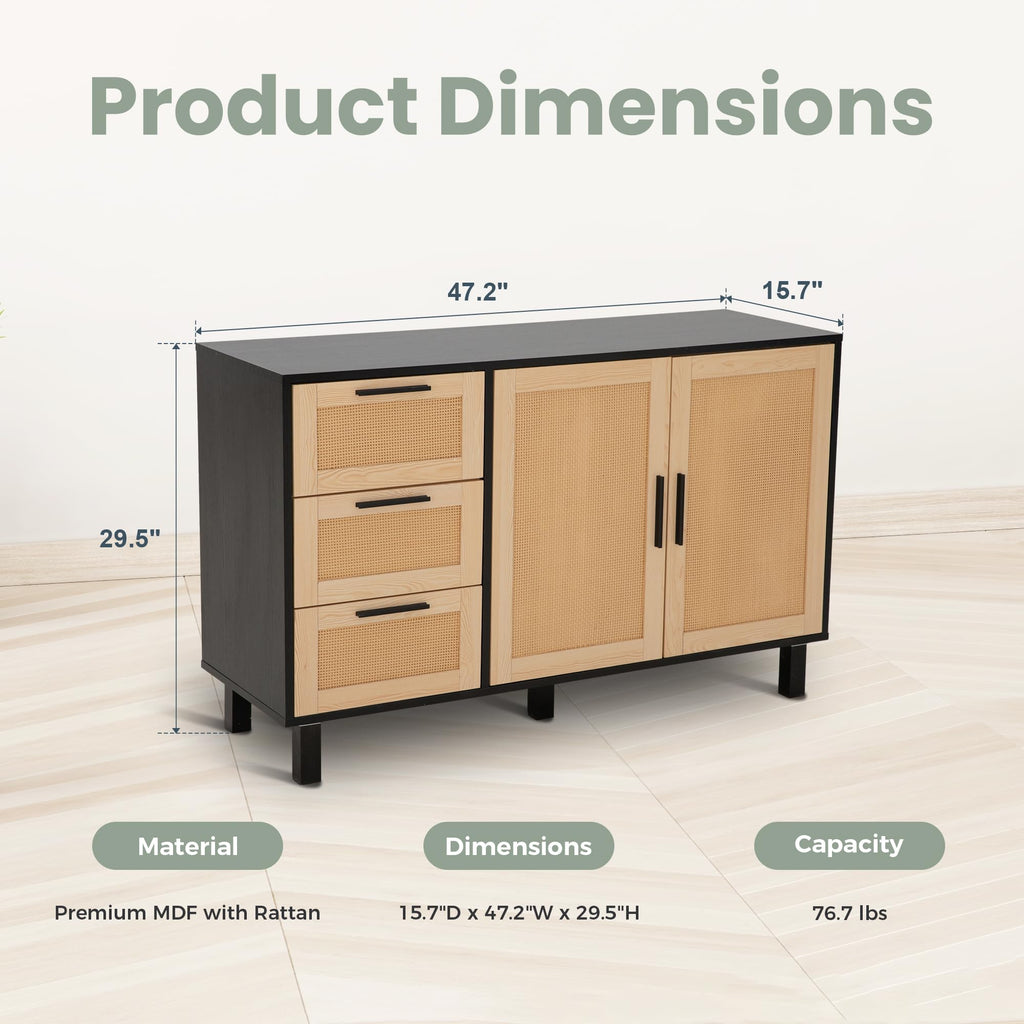 Black Rattan Cabinet with Doors, Buffet Sideboard Cabinet with Drawers, 2 Door Storage Cabinets