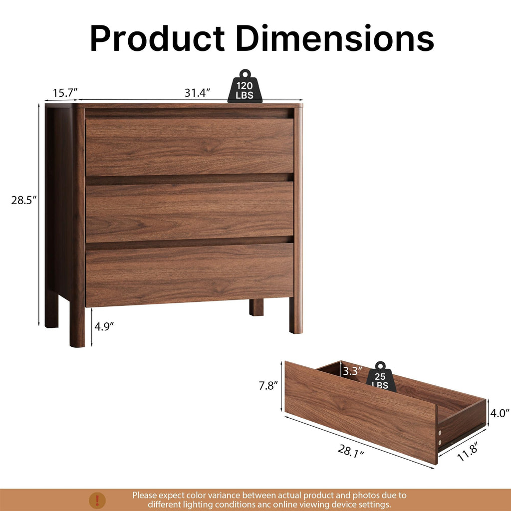 Walnut 3 Drawers Dresser, 31.4" Wide Wood Dresser