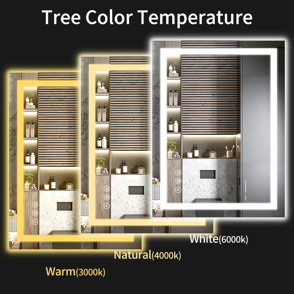 LED Bathroom Mirrors 28"x36" Bathroom Mirror with Lights for Wall, Backlit + Front Lit, 3 Colors, Anti-Fog, Dimmable